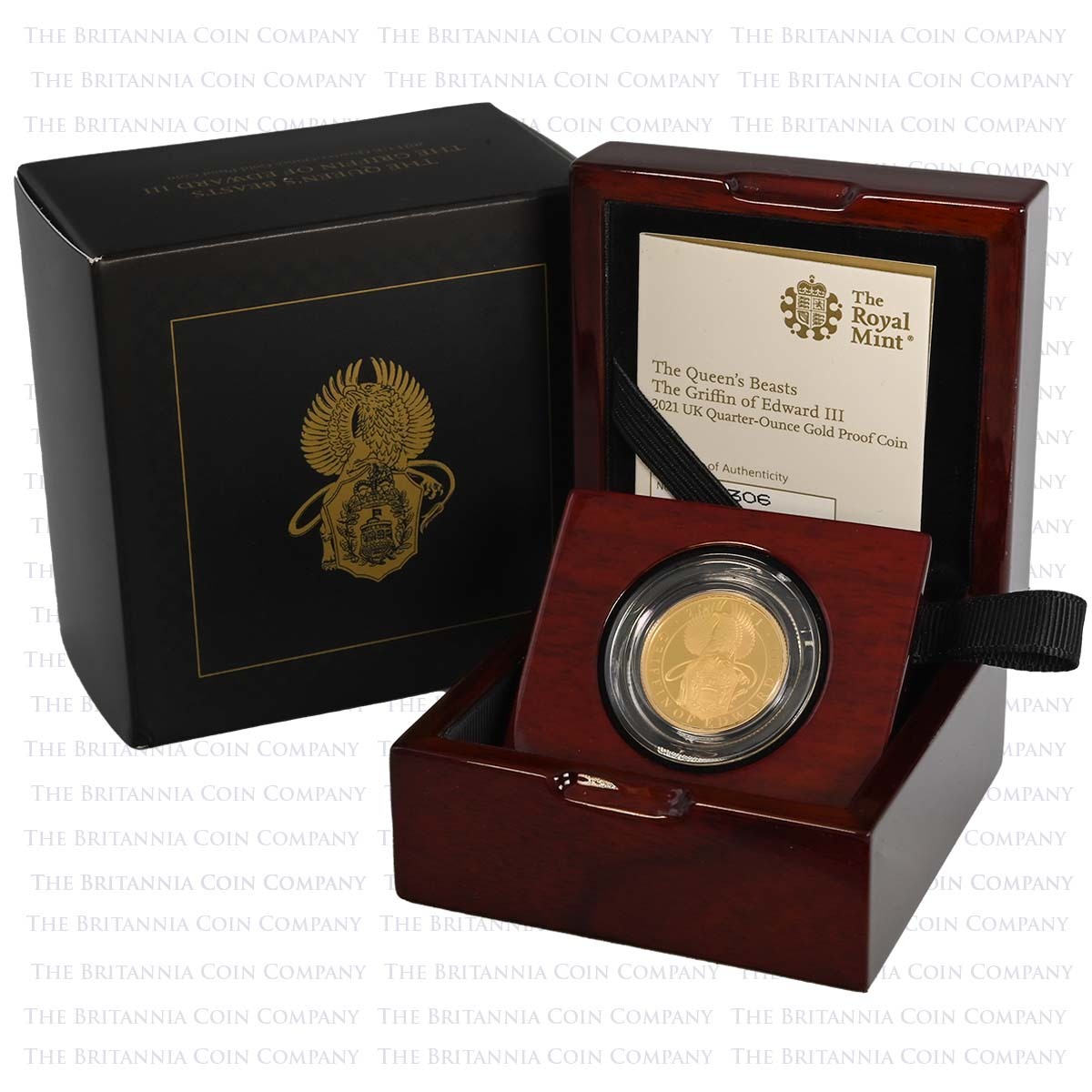 UK21QGQO 2021 Queen's Beasts Griffin Of Edward III Quarter Ounce Gold Proof Coin Boxed