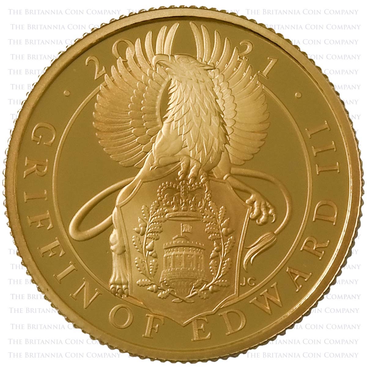 UK21QGQO 2021 Queen's Beasts Griffin Of Edward III Quarter Ounce Gold Proof Coin Reverse