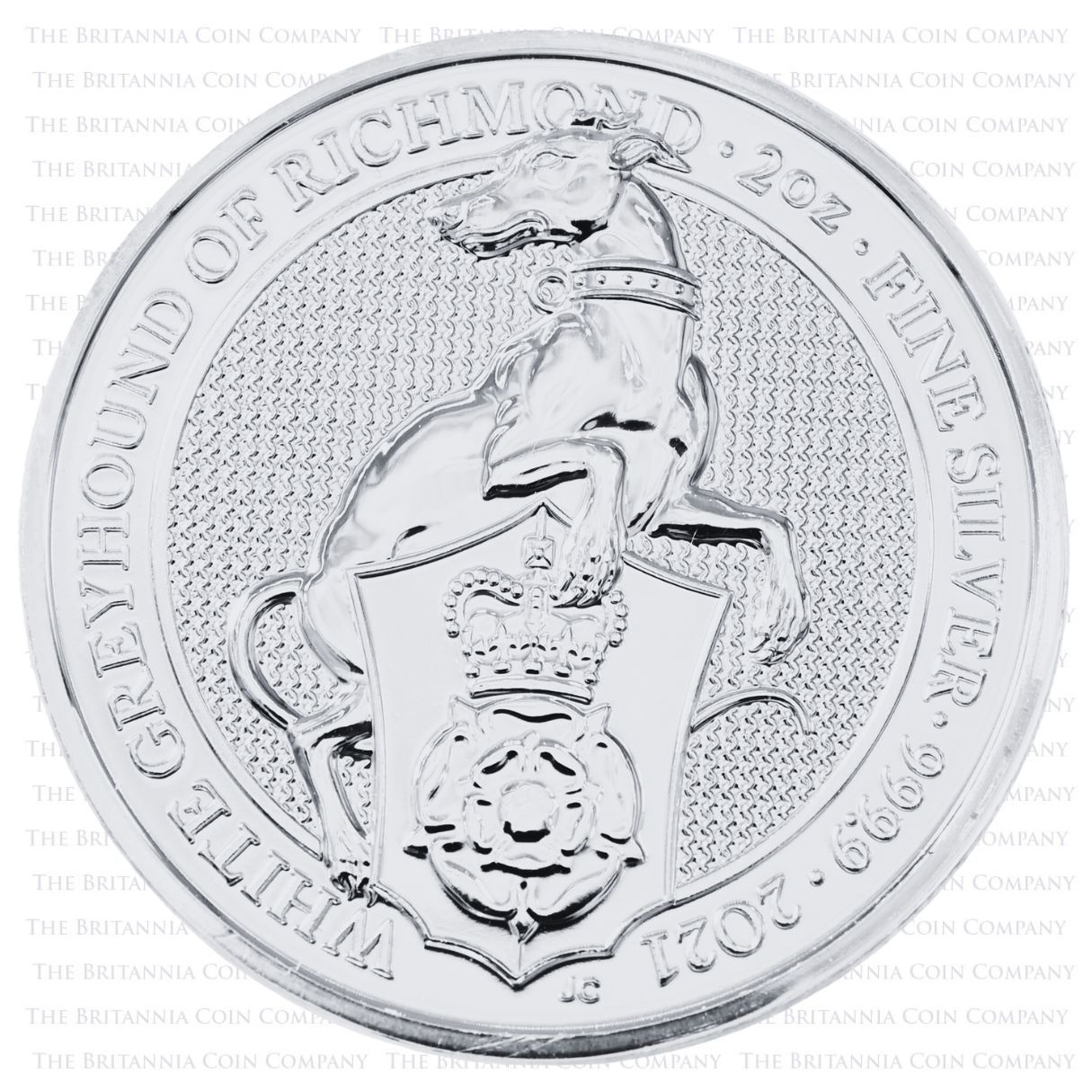 UK21QGS2 2021 Queen's Beasts White Greyhound Of Richmond Two Ounce Silver Bullion Coin Reverse