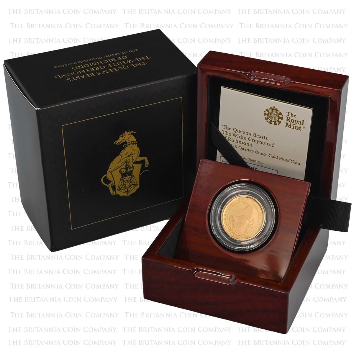 UK21QWQO 2021 Queen's Beasts White Greyhound of Richmond Quarter Ounce Gold Proof Boxed