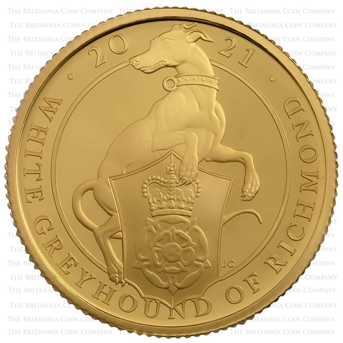 UK21QWQO 2021 Queen's Beasts White Greyhound Of Richmond Quarter Ounce Gold Proof Coin Reverse