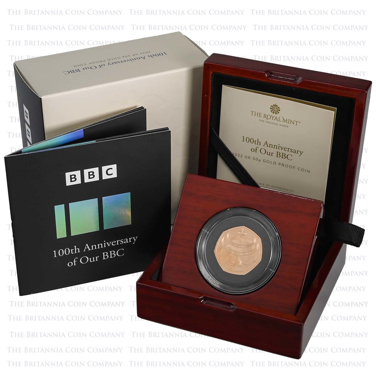 Uk22BBGP 2022 BBC 100th Anniversary 50p Gold Proof Box