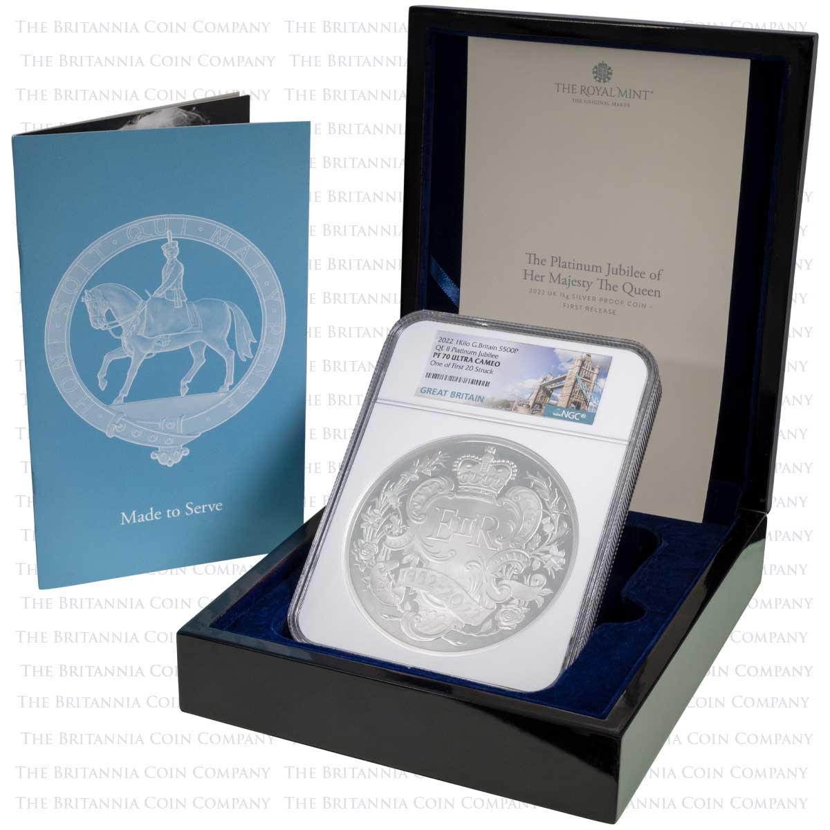 UK22PJKS 2022 Queen Elizabeth II Platinum Jubilee One Kilogram Silver Proof Coin NGC Graded PF 70 Ultra Cameo First 20 Struck Boxed