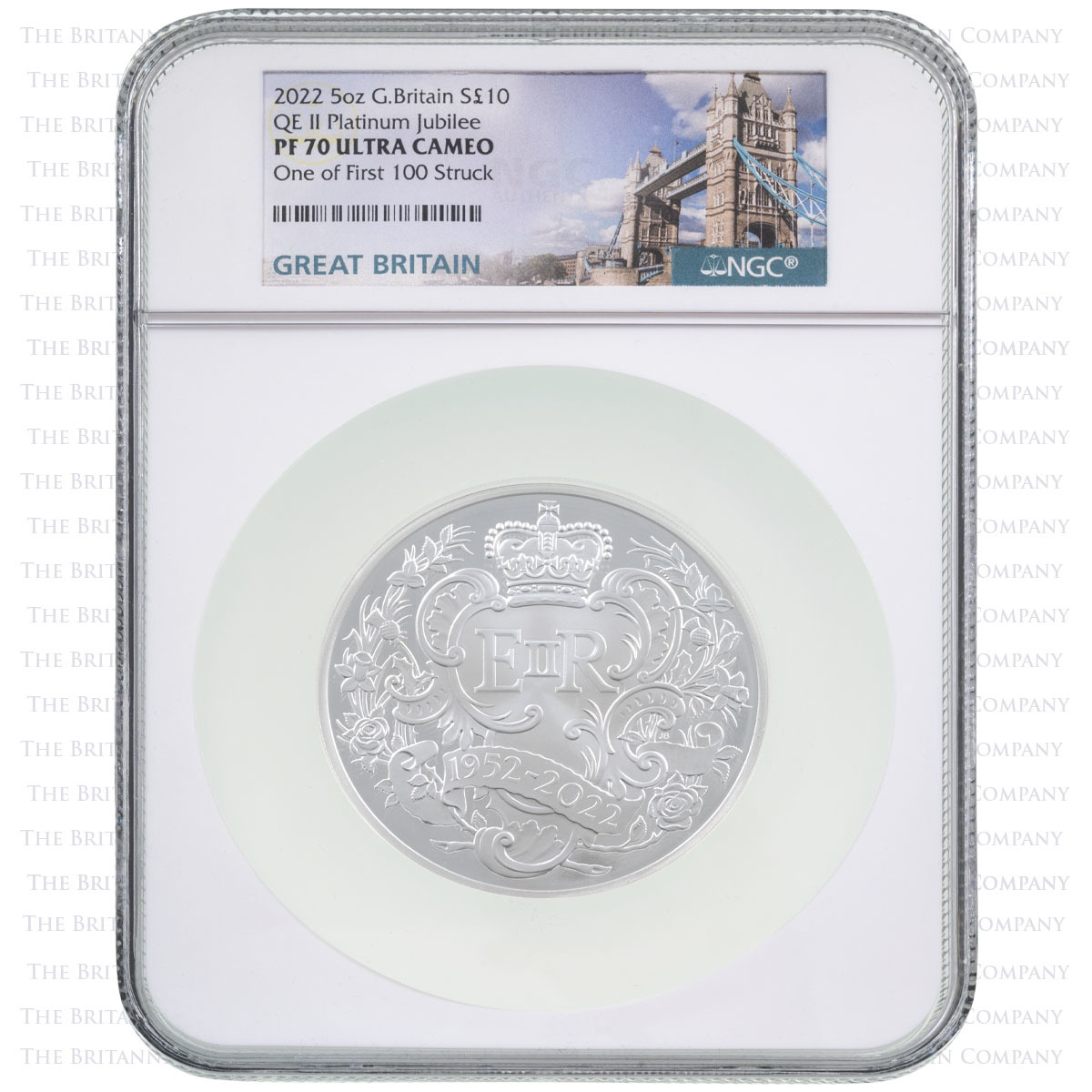 UK22PJS5 2022 Queen Elizabeth II Platinum Jubilee Five Ounce Silver Proof Coin NGC Graded PF 70 Ultra Cameo First 100 Struck Holder