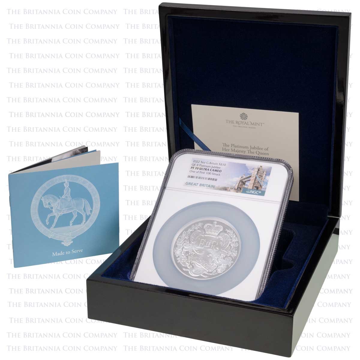 UK22PJS5 2022 Queen Elizabeth II Platinum Jubilee Five Ounce Silver Proof Coin NGC Graded PF 70 Ultra Cameo First 100 Struck Boxed