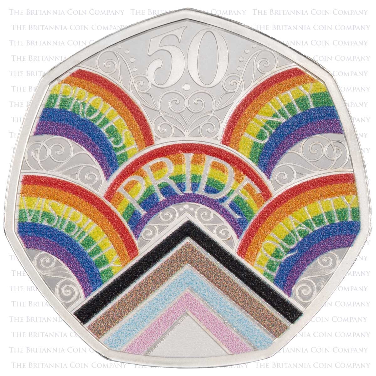 Reverse design of the UK22PSFC 2022 50 Years Of Pride Fifty Pence Piedfort Silver Proof Coin