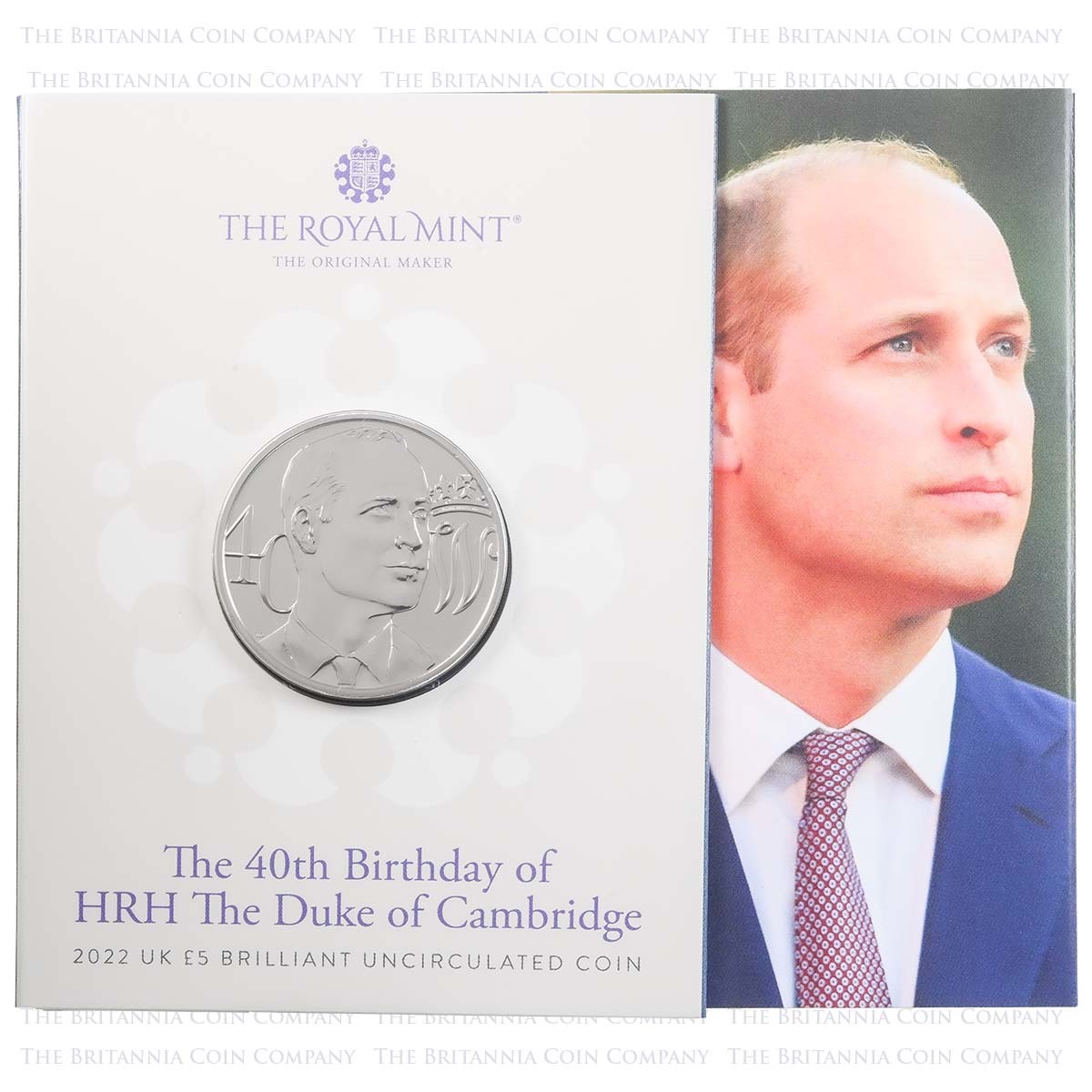 UK22PWBU 2022 Prince William 40th Birthday £5 Crown Brilliant Uncirculated In Folder Packaging