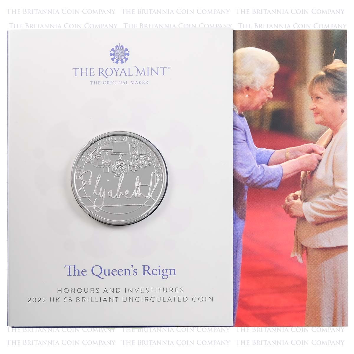 UK22QHBU 2022 Queen Elizabeth II Reign Honours And Investitures Five Pound Crown Brilliant Uncirculated Coin In Folder