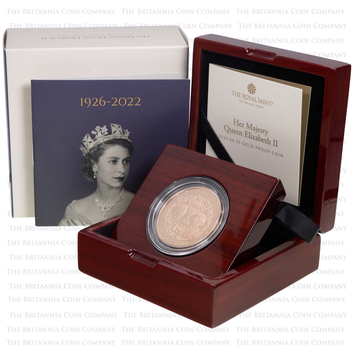UK22QMGP 2022 Elizabeth II Memorial £5 Crown Gold Proof Coin Boxed