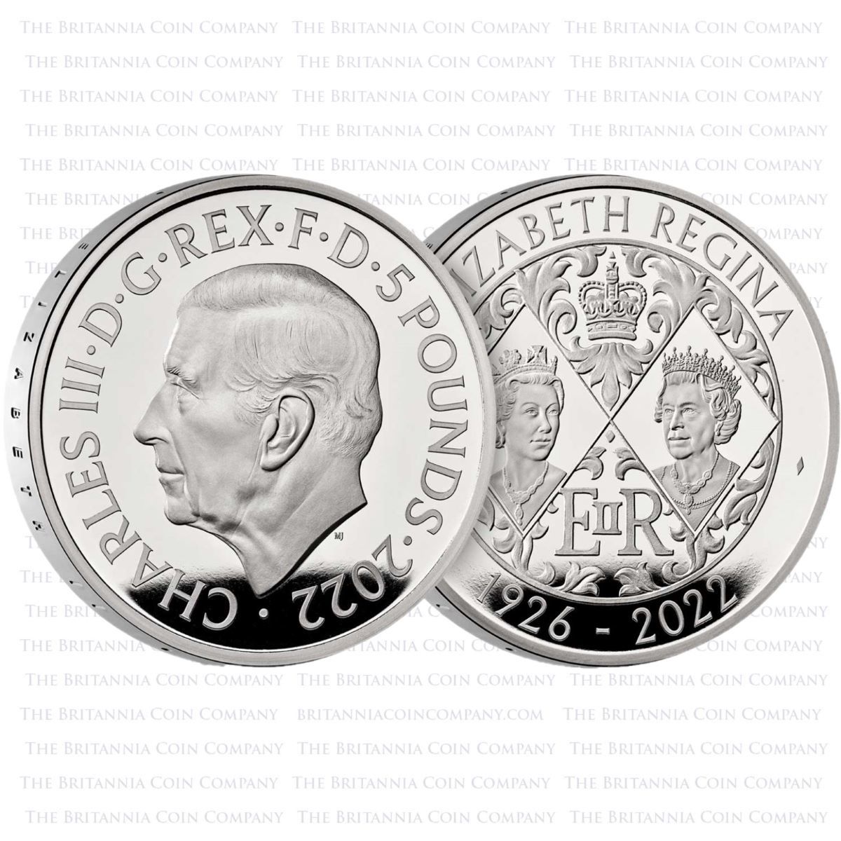 UK22QMPF 2022 Elizabeth II Memorial £5 Crown Piedfort Silver Proof Obverse Reverse
