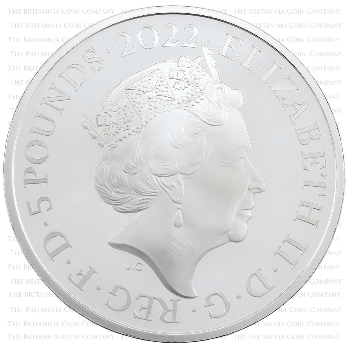 UK22QPSP 2022 Queen Elizabeth II Reign Charity And Patronage Five Pound Crown Silver Proof Coin Obverse