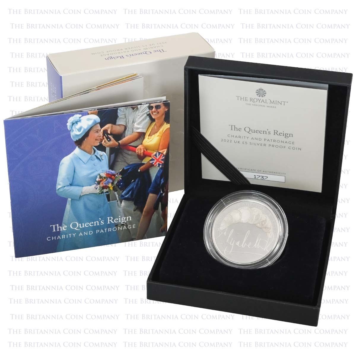 UK22QPSP 2022 Queen Elizabeth II Reign Charity And Patronage Five Pound Crown Silver Proof Coin Boxed