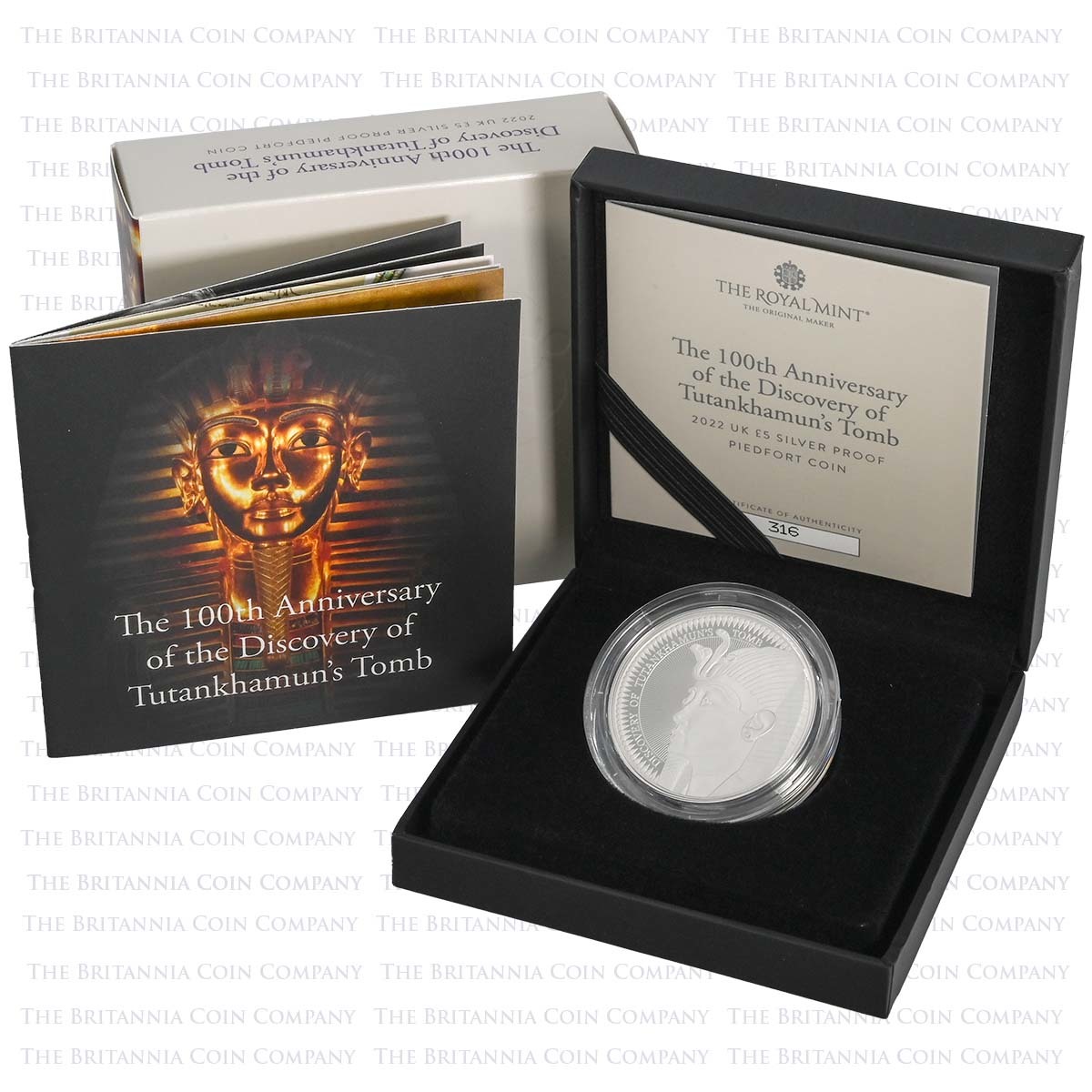 UK22TTPT 2022 Discovery Of Tutankhamun's Tomb £5 Crown Piedfort Silver Proof Coin Boxed