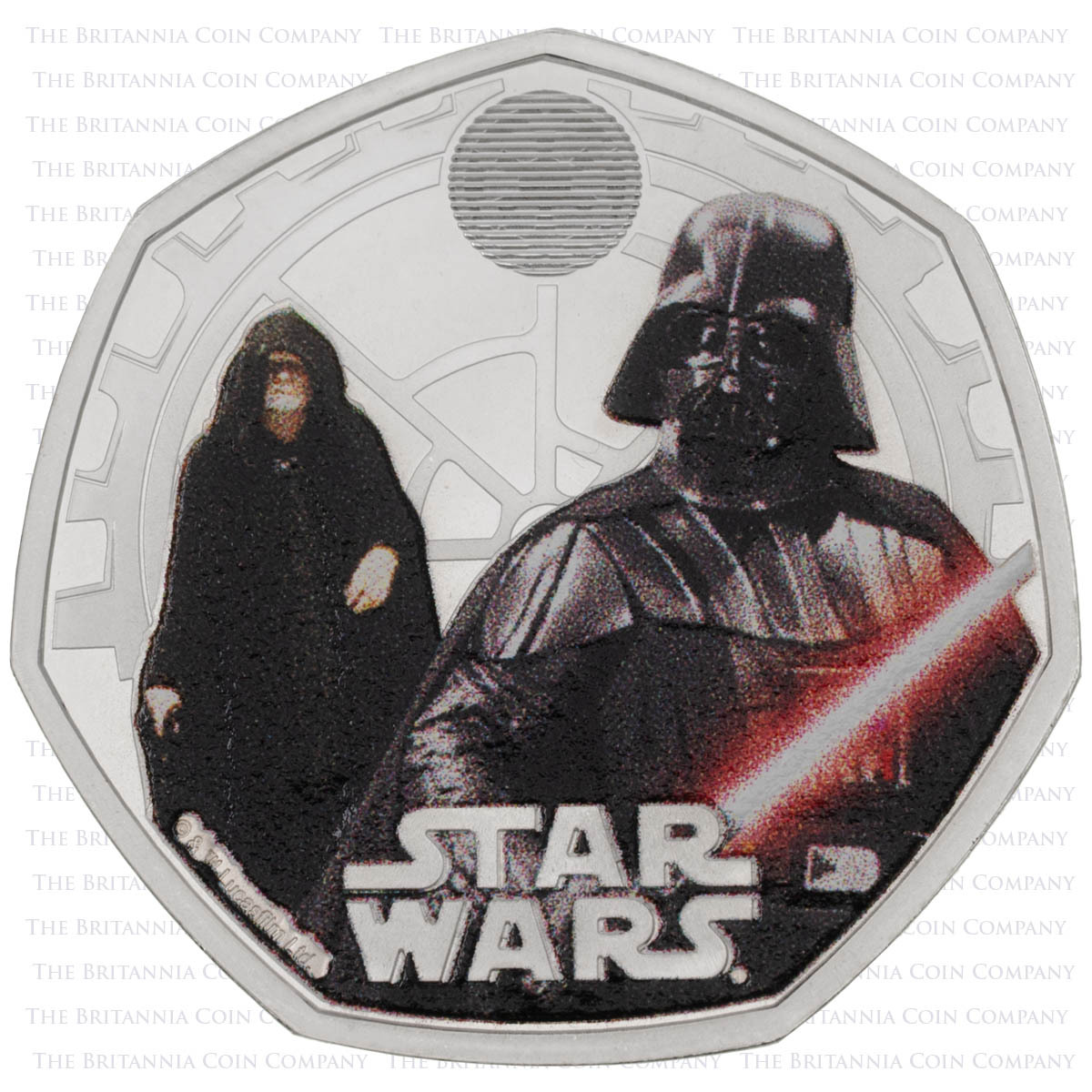 Reverse design of the UK23DVSC 2023 Darth Vader And Emperor Palpatine Fifty Pence Coloured Silver Proof Star Wars Coin