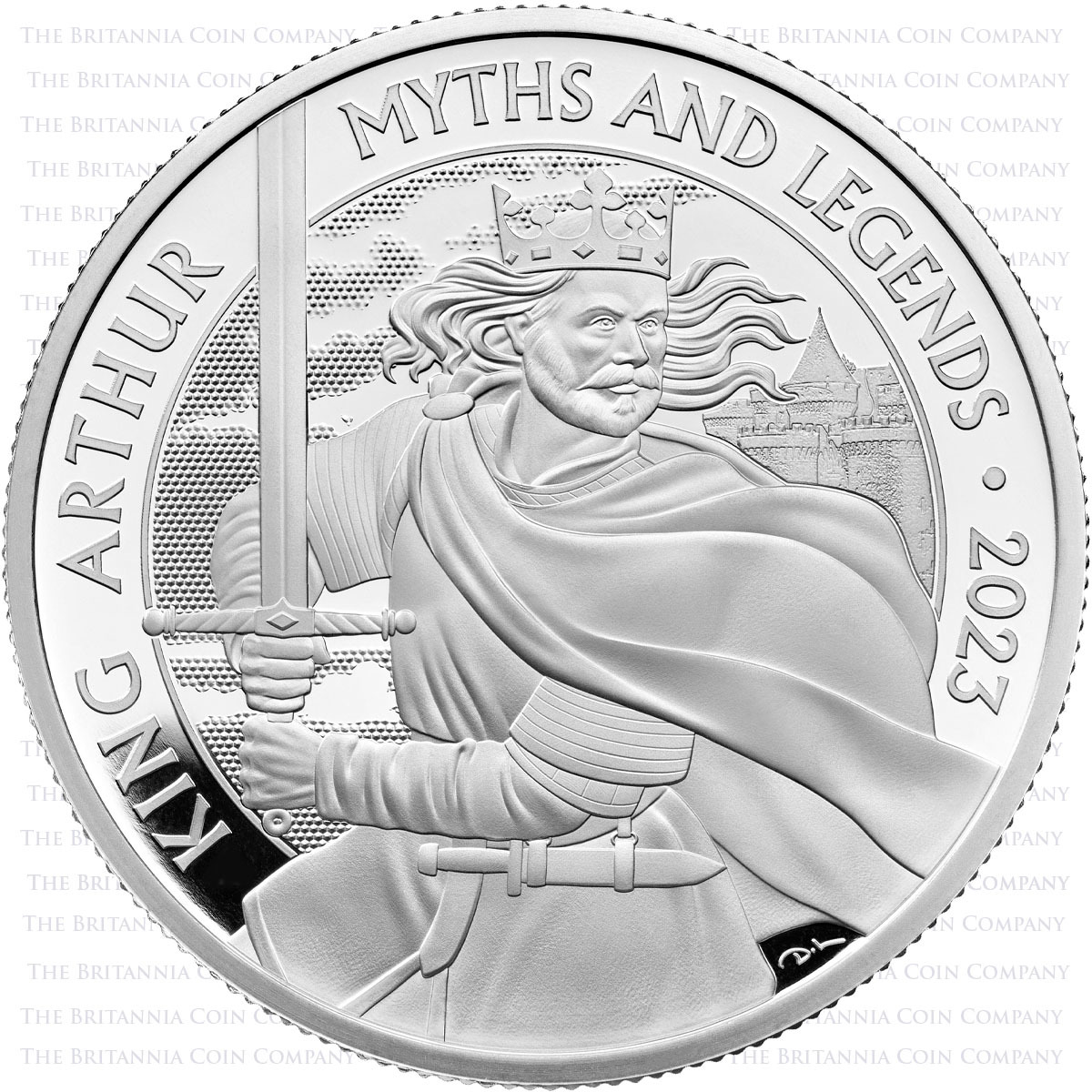 UK23KABU 2023 Myths And Legends King Arthur Five Pound Crown Brilliant Uncirculated Coin In Folder Reverse