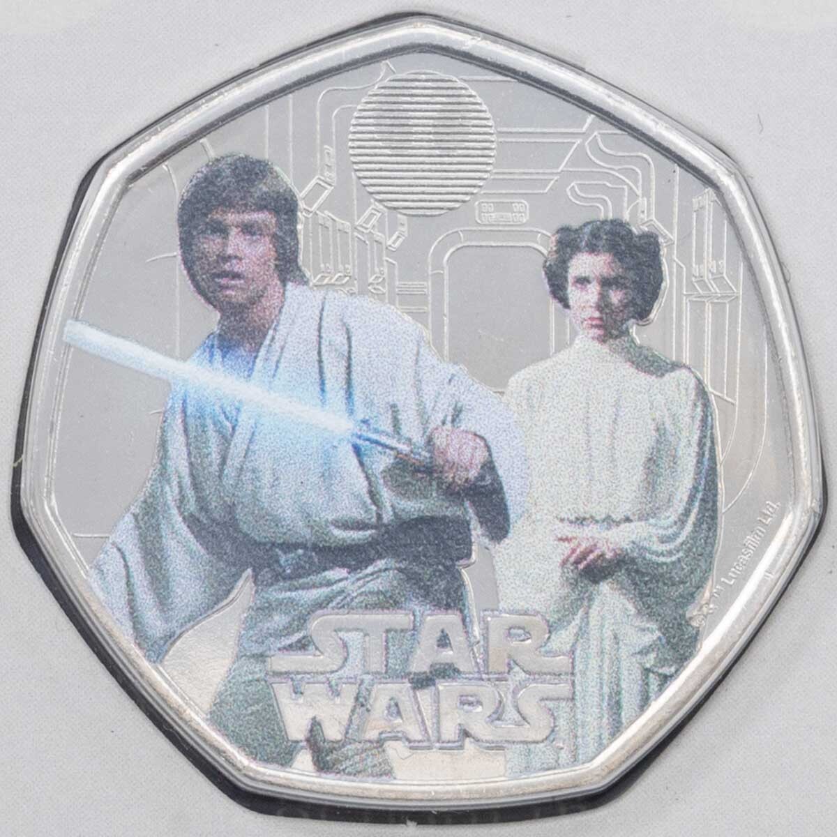 Coloured reverse of UK23LLBC 2023 Luke Skywalker And Princess Leia Fifty Pence Brilliant Uncirculated Coloured Star Wars Character Duos Coin