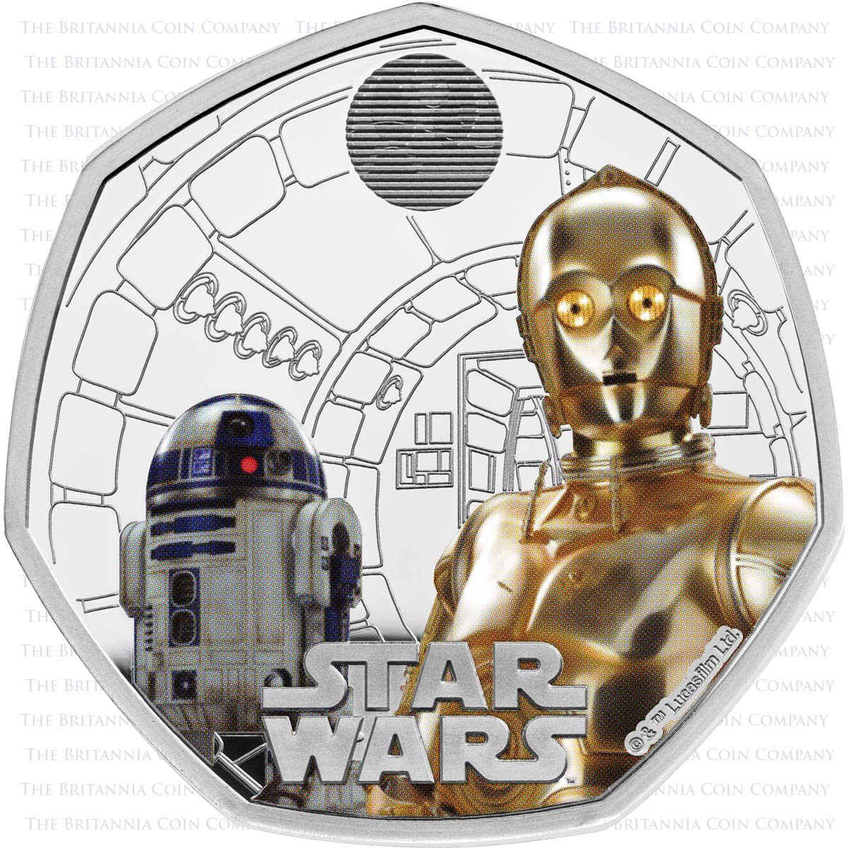 UK23R2SC 2023 Star Wars R2-D2 And C-3PO Fifty Pence Coloured Silver Proof Coin Reverse