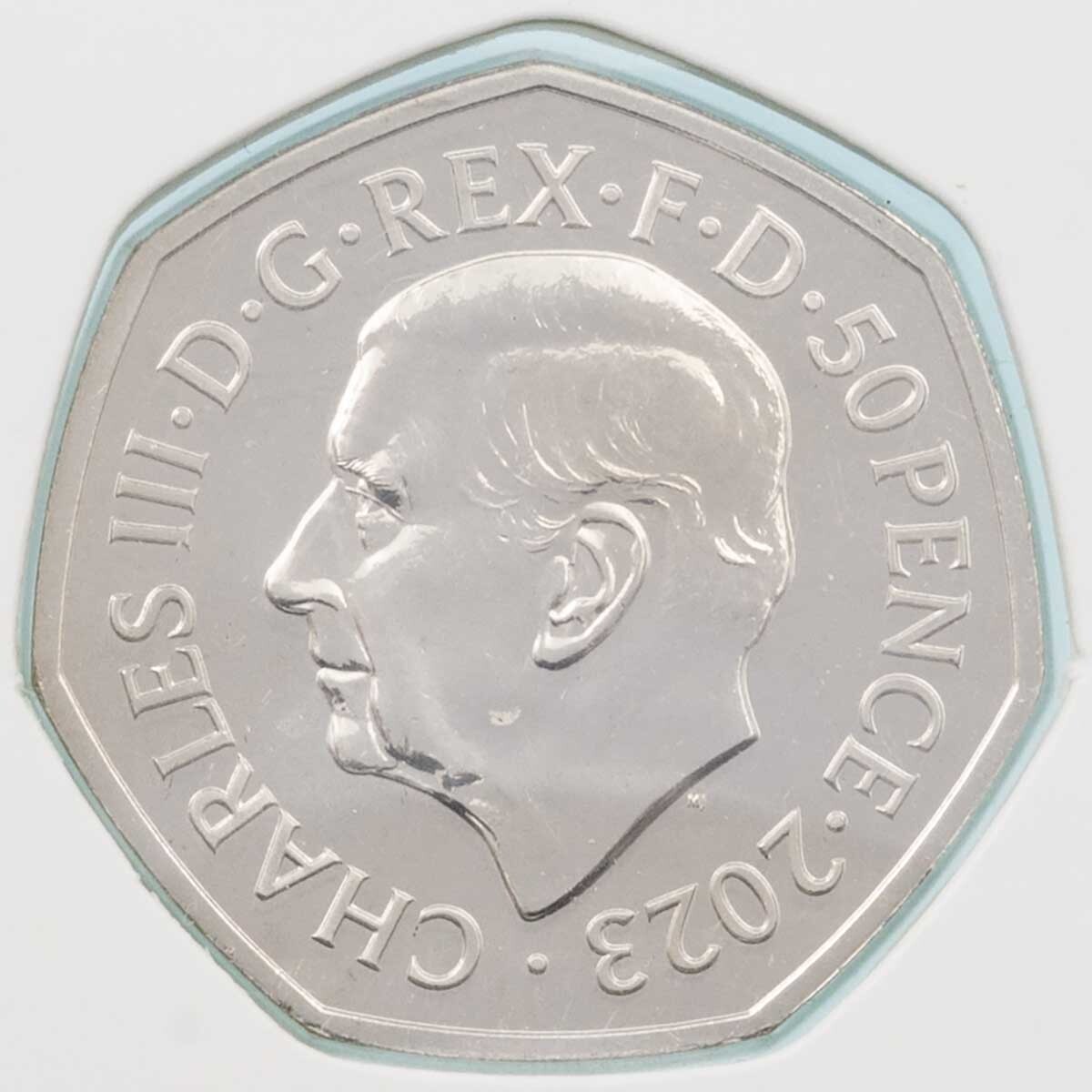 Obverse side of the UK23SMBU 2023 The Snowman Fifty Pence Brilliant Uncirculated Coin