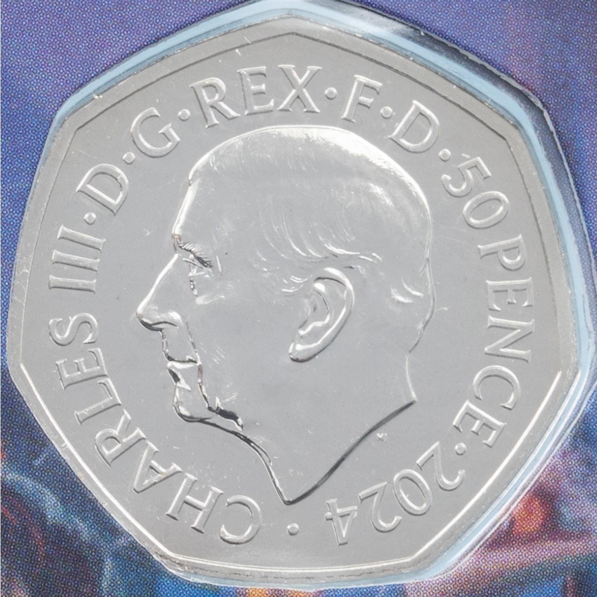 2024 The Winged Keys Fifty Pence Coloured Brilliant Uncirculated Harry Potter Coin obverse