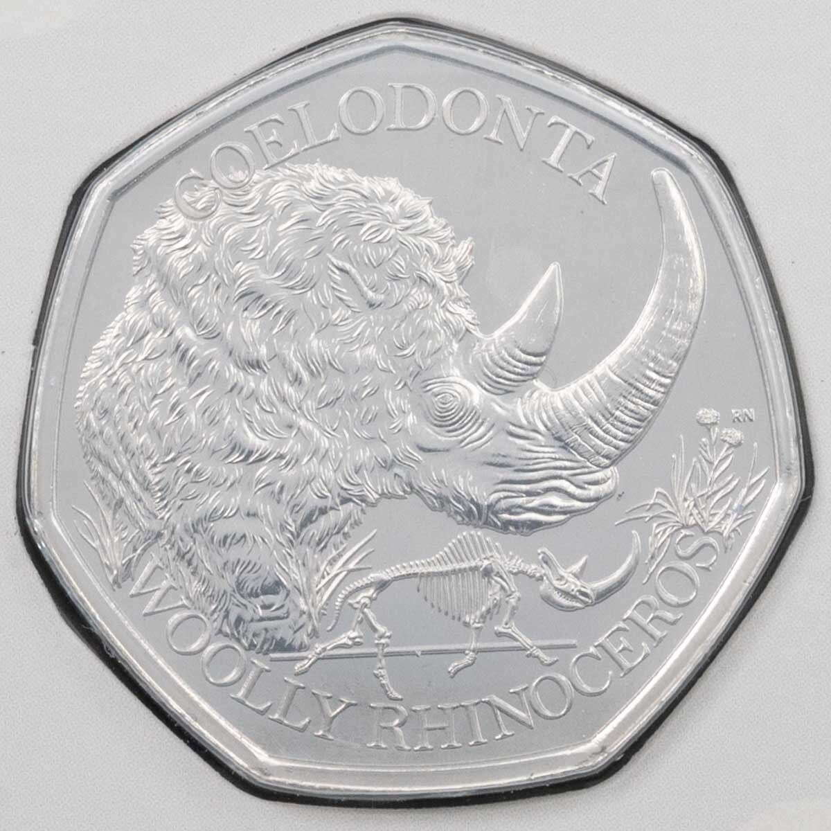 Reverse of the UK24IAWRBU 2024 Woolly Rhinoceros Fifty Pence Brilliant Uncirculated Ice Age Coin 