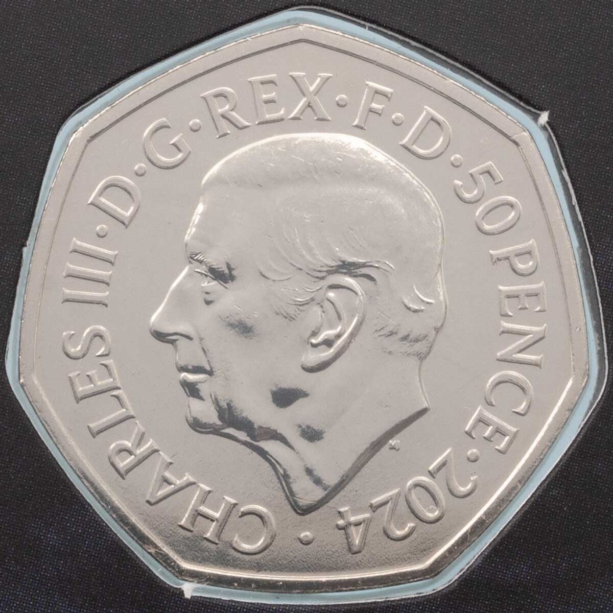 UK24IAWRBU 2024 Woolly Rhinoceros Fifty Pence Brilliant Uncirculated Ice Age Coin obverse side design