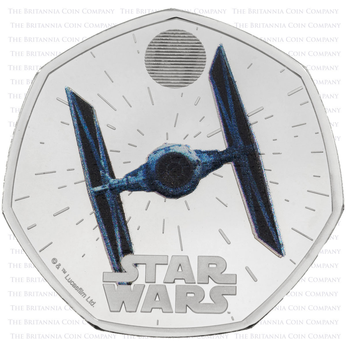 UK24TFSC 2024 Tie Fighter Fifty Pence Coloured Silver Proof Star Wars Coin TIE reverse