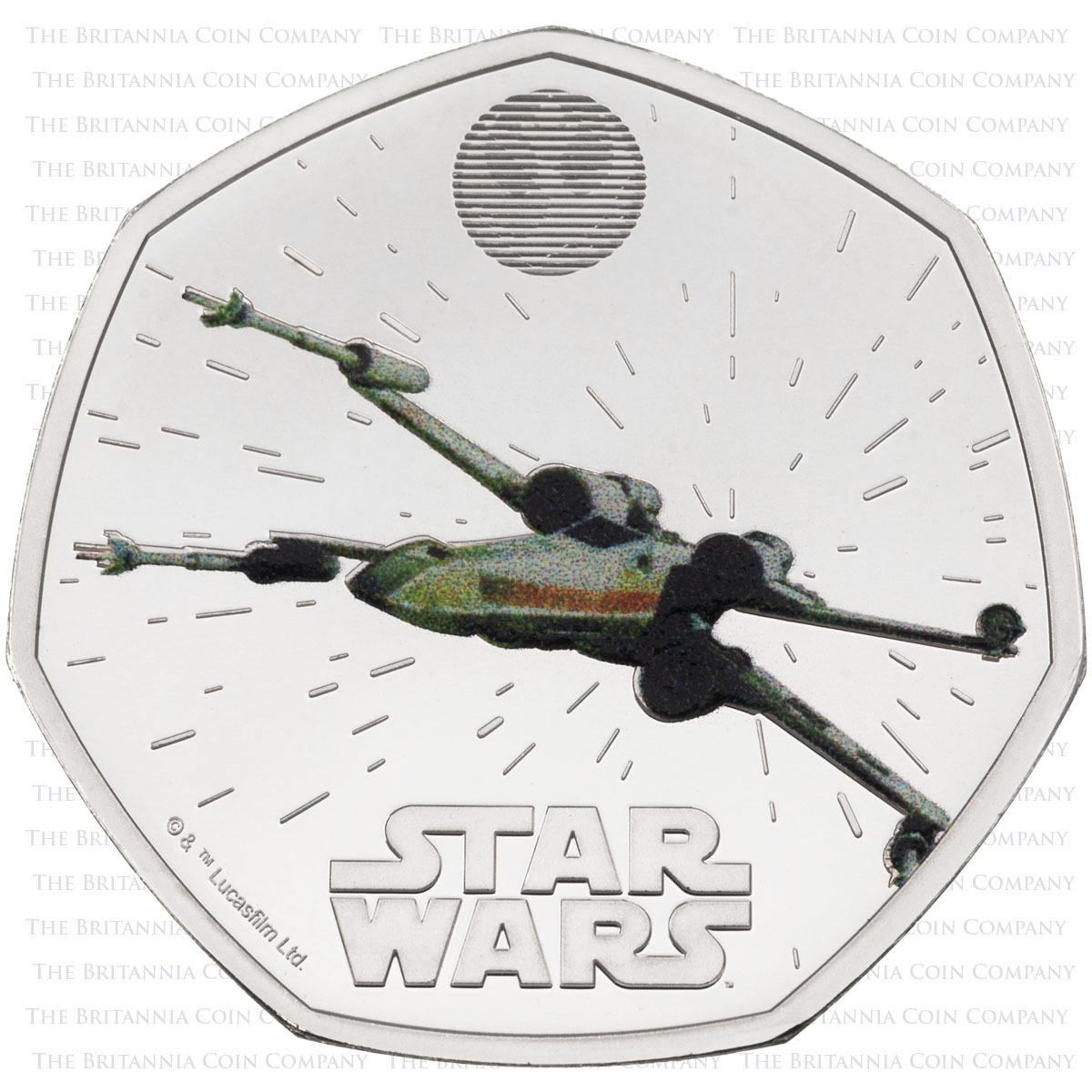 Reverse of the UK24XWSC 2024 X-Wing Fifty Pence Coloured Silver Proof Star Wars Coin