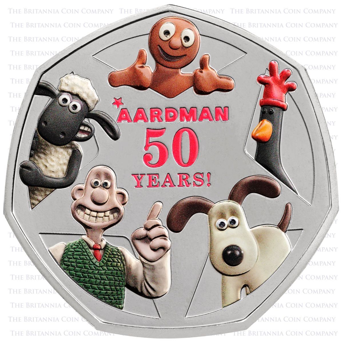 UK26AABC 2026 50 Years Of Aardman Fifty Pence Coloured Brilliant Uncirculated Mint Pack Coin Reverse