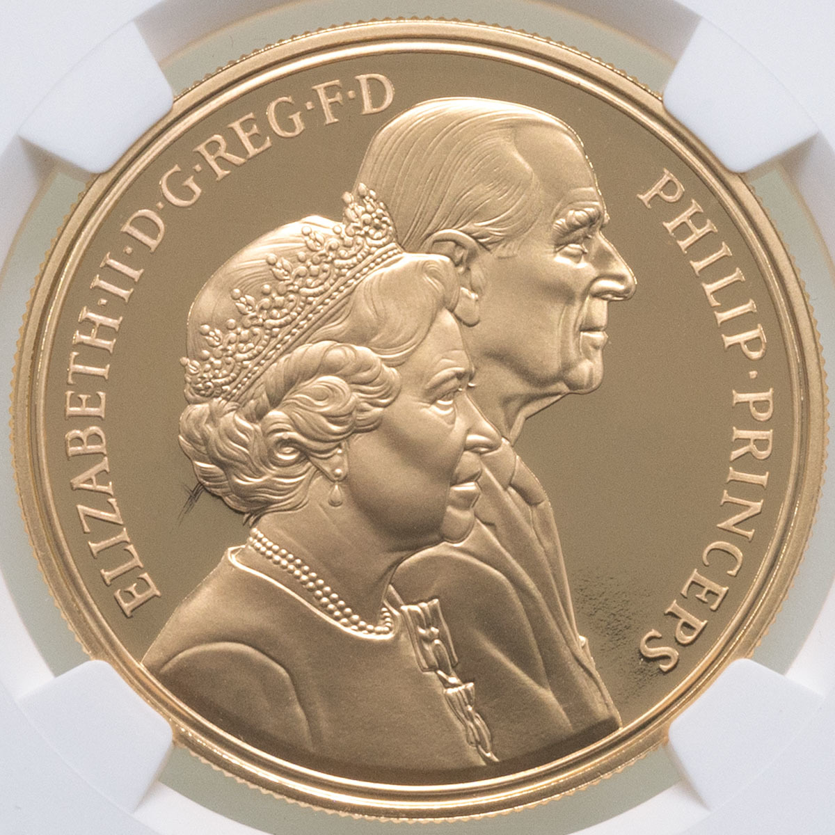 1997 Golden Wedding Anniversary Five Pound Crown Gold Proof Coin NGC Graded PF 70 Ultra Cameo Obverse