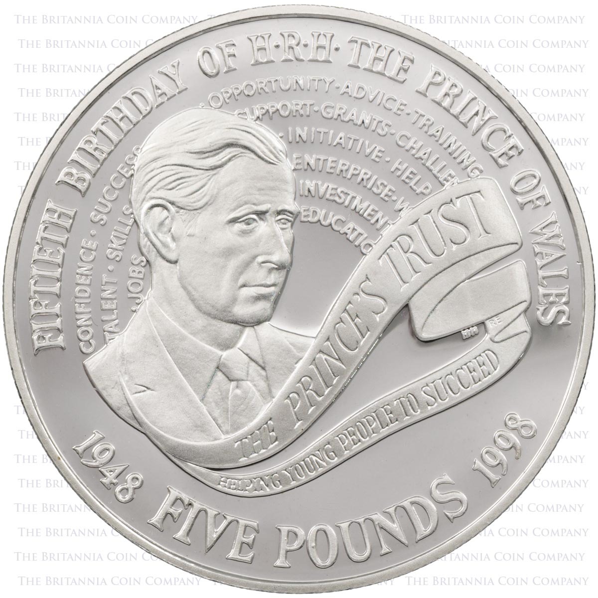 1998 Prince Charles 50th Birthday Five Pound Silver Proof Coin And Ten Pound Banknote Set Reverse