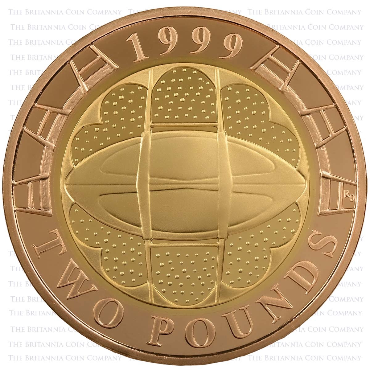 UK992GP 1999 Rugby World Cup Two Pound Gold Proof Coin Reverse