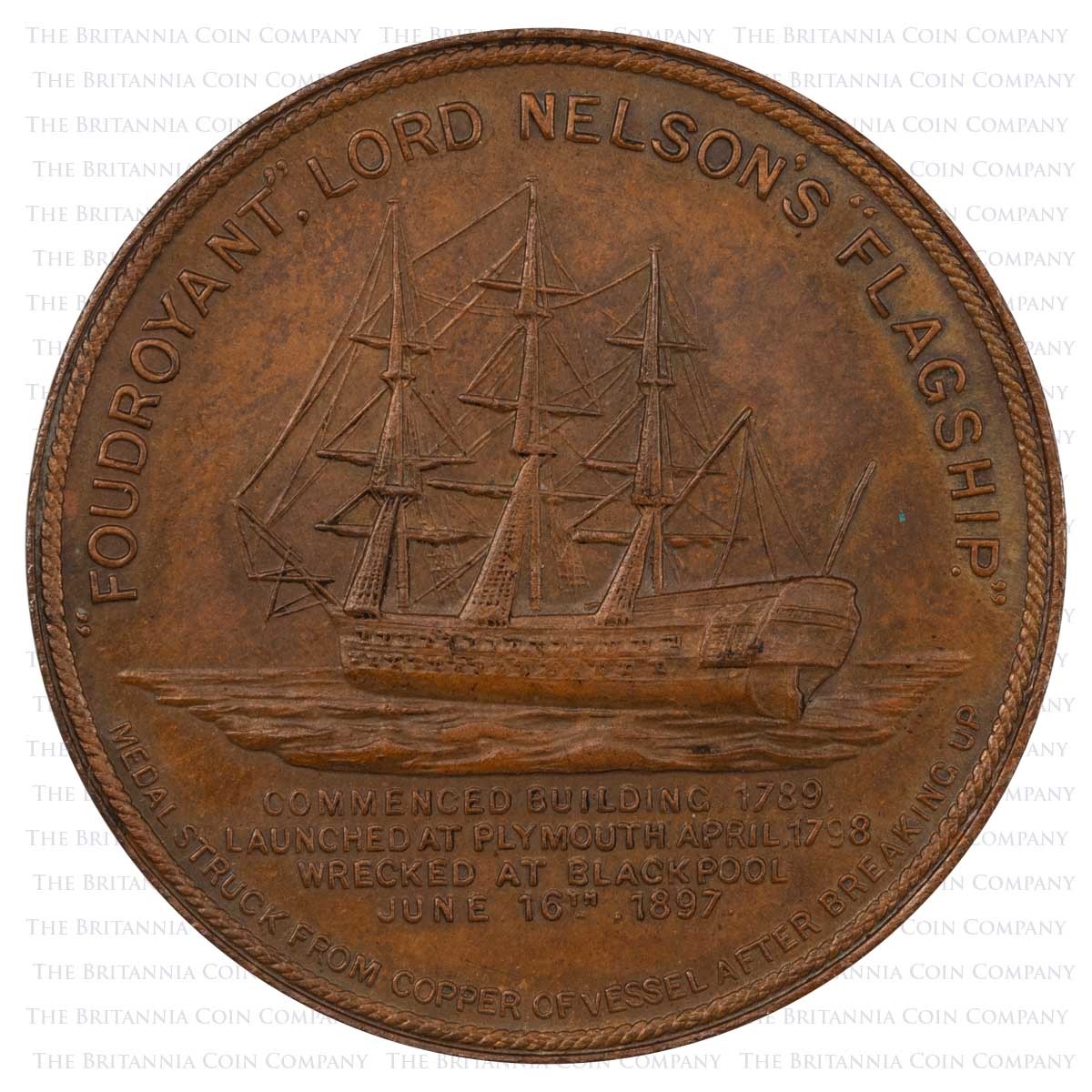 1898 HMS Foudroyant Horatio Viscount Nelson Copper Medal Reverse
