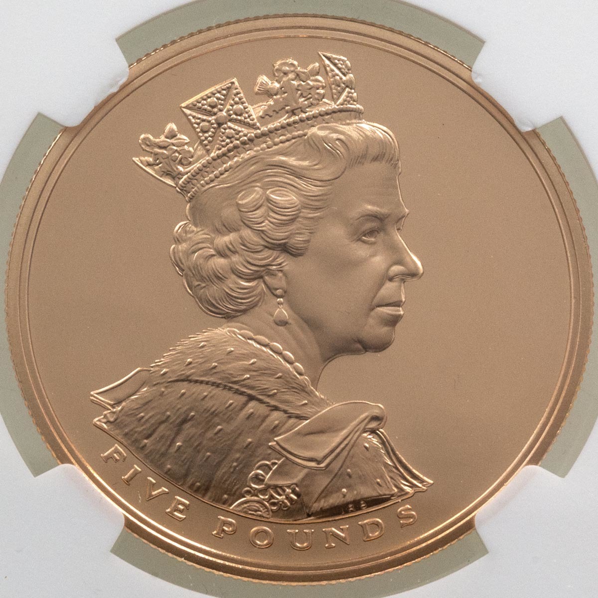 2002 Queen Elizabeth II's Golden Jubilee Five Pound Crown Gold Proof Coin NGC Graded PF 70 Ultra Cameo Portrait Bust