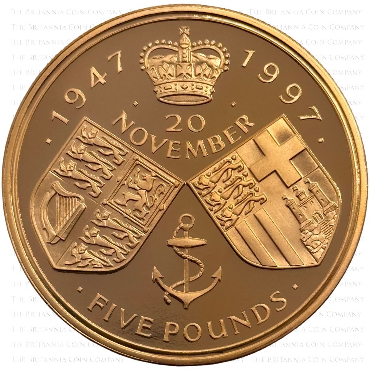 UKGWGP 1997 Golden Wedding Anniversary Five Pound Crown Gold Proof Coin Reverse