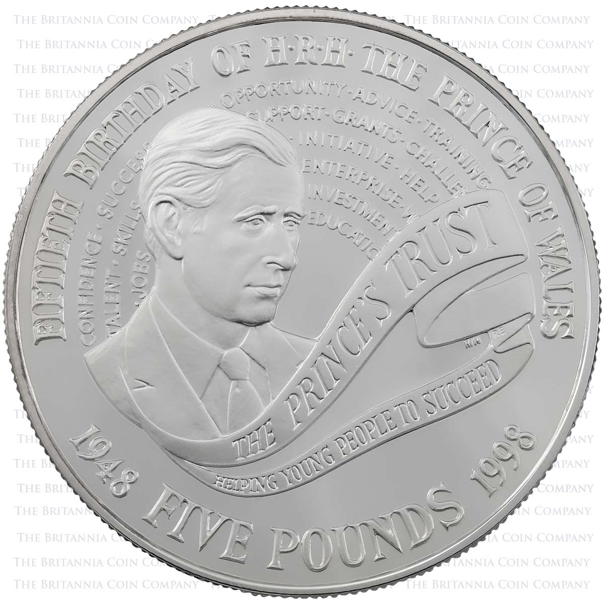 1998 Prince Charles 50th Birthday £5 Crown Silver Proof Reverse