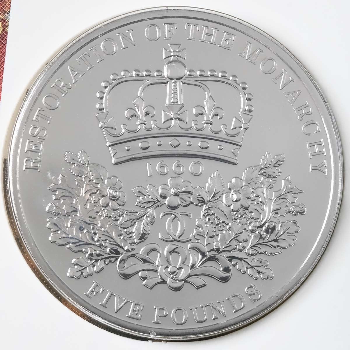2010 Restoration Of The Monarchy Five Pound Crown Brilliant Uncirculated Coin In Folder Reverse