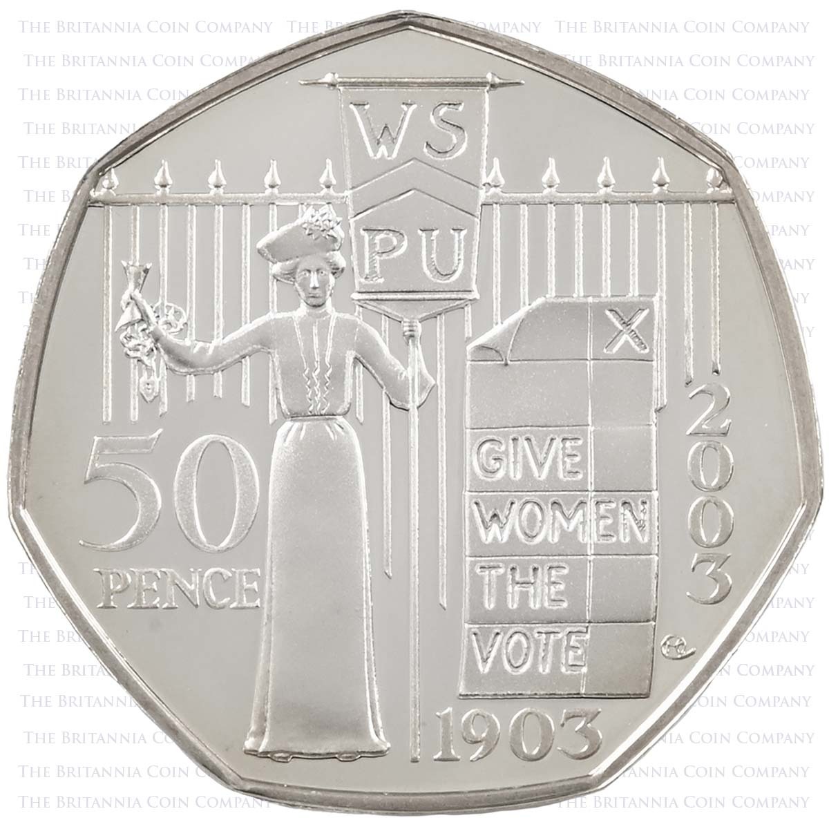 UKWSSP 2003 Suffragettes WSPU 50p Silver Proof Reverse