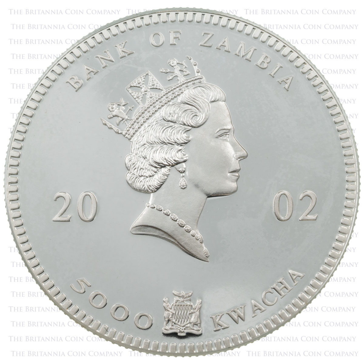 ZA02ES1 2002 Elephant One Ounce Silver African Wildlife Zambian Bullion Coin obverse royal portrait